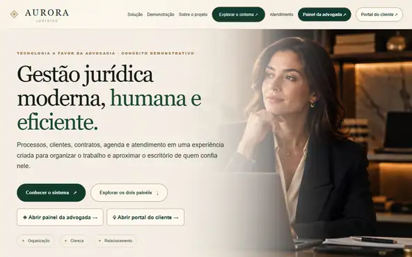 Computador: página inicial do escritório fictício Aurora Jurídico, dados fictícios