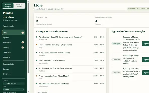 Computador: painel Hoje da advogada, com compromissos da semana e respostas aguardando aprovação, dados fictícios