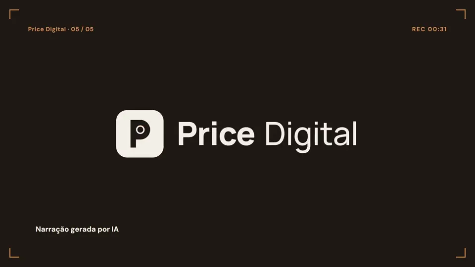 Quadro final do filme de apresentação: logotipo da Price Digital sobre fundo escuro com detalhes em cobre